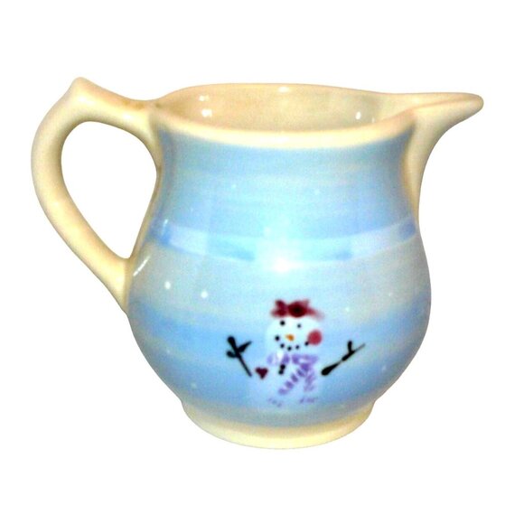 Vintage Ceramic Snowman Pitcher Hand-Painted Winter Scene Cream & Blue 6" Tall - Picture 3 of 4